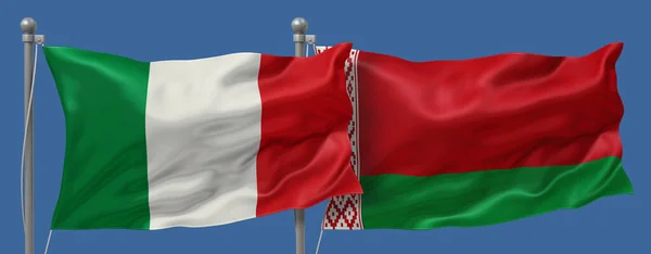 Italy vs Belarus flags banner on a blue sky background, banner 3D Illustration