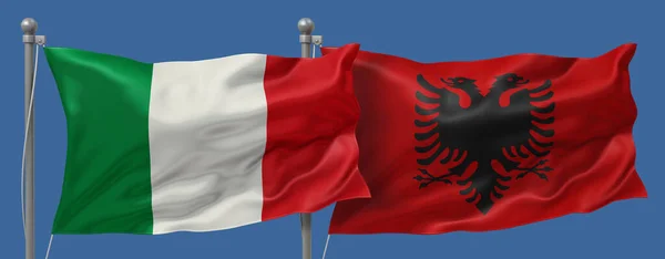 Italy vs Albania flags banner on a blue sky background, banner 3D Illustration