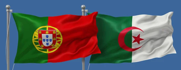 Portekiz Cezayir Bayraklarına Karşı Mavi Gökyüzü Arkaplanı Afişler Görüntü — Stok fotoğraf