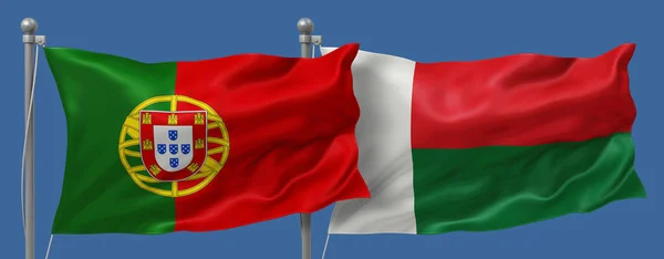 Portugália Madagaszkár Zászlók Kék Háttér Bannerek Illusztráció — Stock Fotó