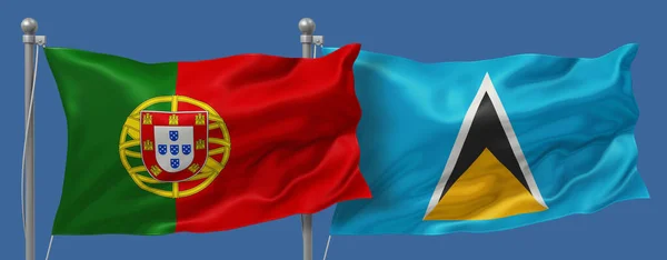Portekiz Saint Lucia Karşı Mavi Gökyüzü Arka Planında Bayraklar Boyutlu — Stok fotoğraf