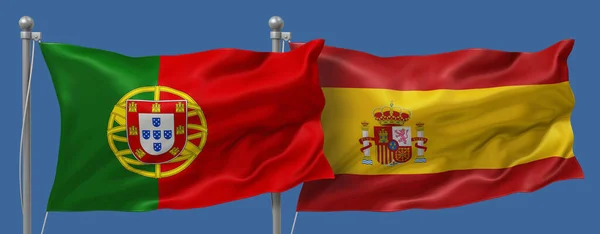 Portekiz Spanya Bayraklarına Karşı Mavi Gökyüzü Arkaplanı Pankartlar Görüntü — Stok fotoğraf