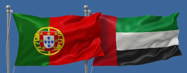 葡萄牙对阿拉伯联合酋长国国旗蓝天背景 横幅3D说明 — 图库照片