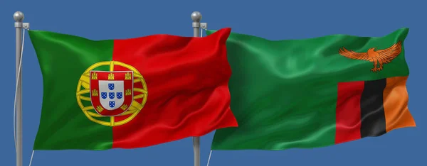 Portugal Zambia Flaggor Blå Himmel Bakgrund Banderoller Illustration — Stockfoto