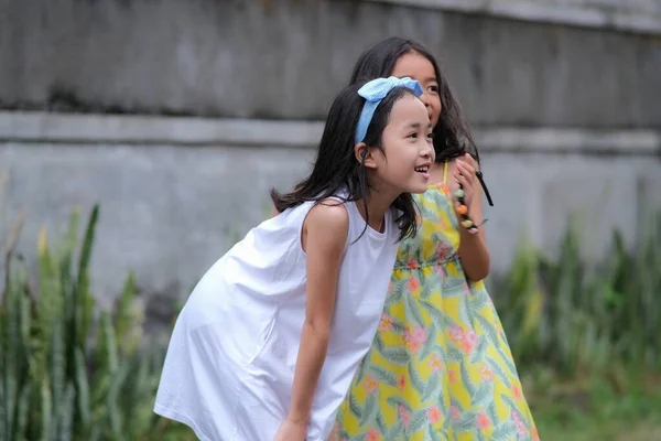 Duas Meninas Asiáticas Brincando Juntas Quintal — Fotografia de Stock