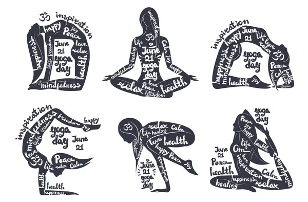 21 Haziran Uluslararası Yoga Günü. Kadın siluetleri, çeşitli yoga asanaları, kadın yoginisi pozları. Sağlık, farkındalık, mutluluk, huzur, rahatlama, barış, ohm, aşk. Siyah ve beyaz vektör çizimi.