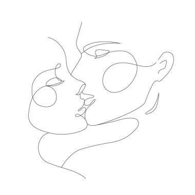 Sevgililer Günü 'nde insanların minimalist simgesi. Çift logosu. Aralıksız iki yüz. Erkek ve kadın. Aşk Çizgisi vektör çiziminin sembolü.