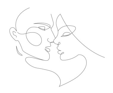 Gelin ve damat, zarif bir çizim. Güzel bir kız ve bir erkek birbirlerini seviyorlar. Sürekli bir ince çizgi kompozisyonu.