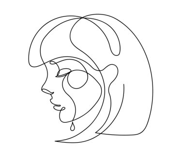 Ağlayan kadın, tek çizgi çizen. Çizgi portresi. Siyah beyaz çizim, vektör. Üzgün kız çizimi. Elle çizilen bir çizgi.