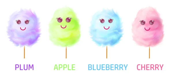 Değişik renklerde ve komik duygulara sahip gerçekçi pamuk helva koleksiyonu.