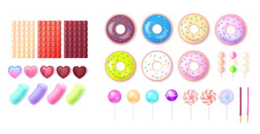 3 boyutlu vektör seti. Gerçekçi çok renkli şekerler: donut lolipoplar, şekerler, atıştırmalıklar, şekerlemeler, beyaz arka planda izole edilmiş çikolata..