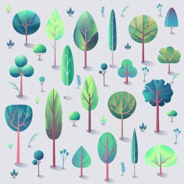 Yeşil ağaçları ve çalıları olan park, vektör bitki kümesi, doku.