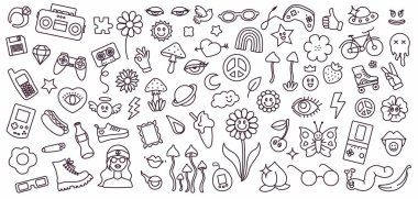 Doğrusal sevimli el çizimleri. Gençlik tarzında karalamaların geçmişi. Siyah ve beyaz çocukların el çizimleri. Vektör illüstrasyonu beyaz arkaplandaki izole elementler. Bir dizi dövme..