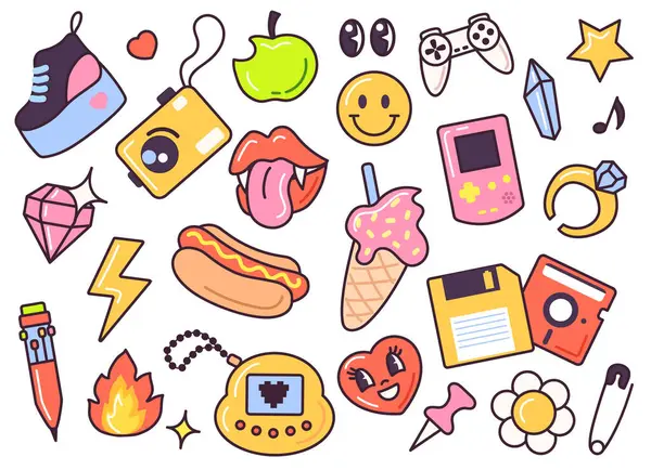 Komik geçmişe dönük çıkartmalar. Not defteri için çıkartmalar, çizgi film tarzında planlayıcı.