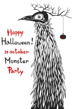 Monster chimera with deer horns and crow beak, Happy Halloween lettering, freehand drawing, Isolated on white clipart