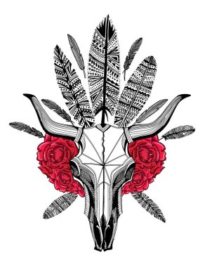 Kabile boğa kafatası, kırlangıç, tüy ve kırmızı güller. Dövme beyaz arkaplanda izole edildi.