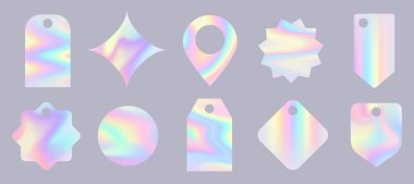 Bir dizi holografik amblem şablonu. Gökkuşağı eğimli arka planlar. Vektör hologram şekilleri.