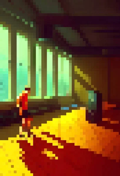 pixel cartoon of man in the gym