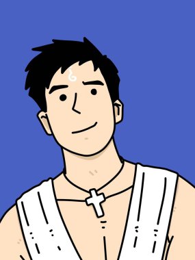 Mavi arka planda sevimli bir adam çizgi filmi