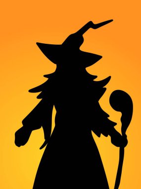 Sarı arka planda bir cadının silüeti.