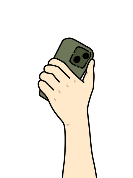 Mão Smartphone Desenhos Animados Fundo Branco — Fotografia de Stock