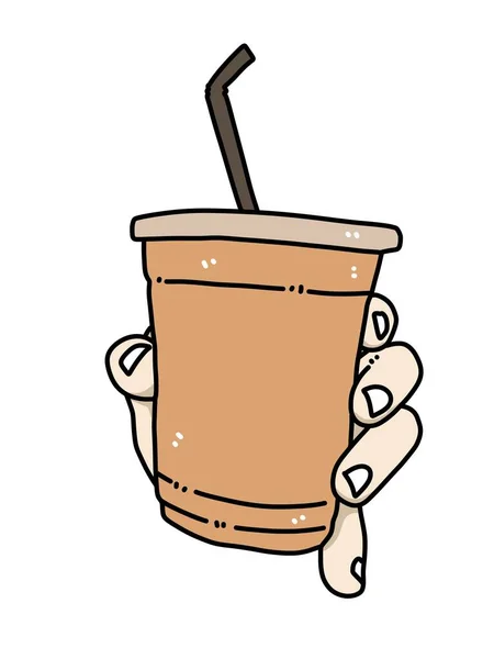 ストローと手の漫画のコーヒーカップ — ストック写真