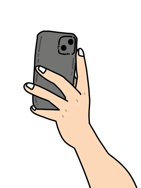 Hand Houden Smartphone Met Mobiele Telefoon Cartoon Witte Achtergrond — Stockfoto