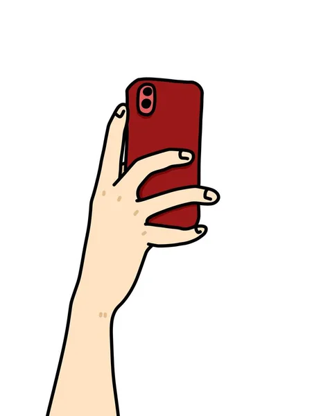 Mão Segurando Smartphone Com Desenho Animado Dedo Fundo Branco — Fotografia de Stock