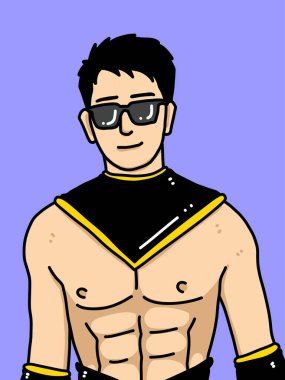 Mavi arka planda sevimli bir adam çizgi filmi