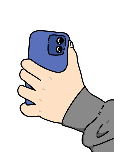 Mano Che Tiene Uno Smartphone Con Cartone Animato Dito Sfondo — Foto Stock