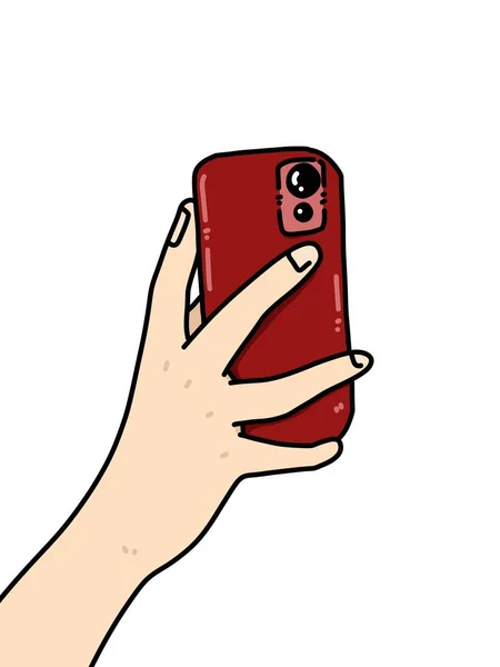 白い背景に赤いハンドルの漫画が描かれたスマートフォンを手にとって — ストック写真