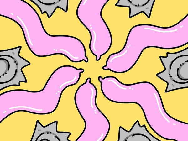 黄色背景的粉色避孕套卡通片 — 图库照片