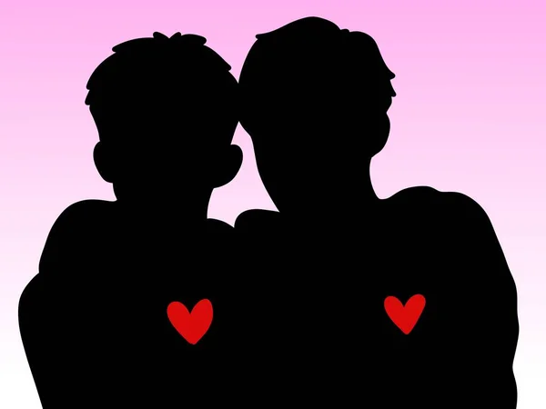 Silhouet Van Paar Met Hart Symbool Roze Achtergrond — Stockfoto