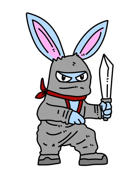 Niedliche Kaninchen Ninja Karikatur Auf Weißem Hintergrund — Stockfoto