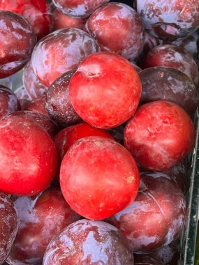 Taze kırmızı erikler sepette