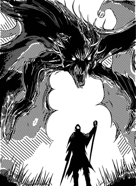 Preto Branco Homem Batalha Com Dragão Desenhos Animados — Fotografia de Stock