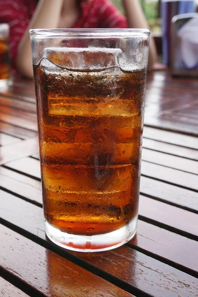 Glass Cola Ice Wooden Table — Stock Photo, Image