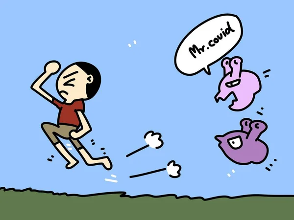 Bonitinho Homem Cartoon Correndo Para Fora Covid Monstro — Fotografia de Stock