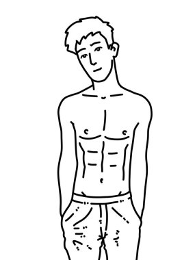 Siyah ve beyaz renkli yakışıklı adam çizgi filmi.