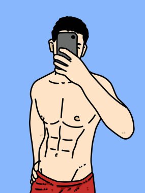 Mavi arka planda sevimli bir adam çizgi filmi