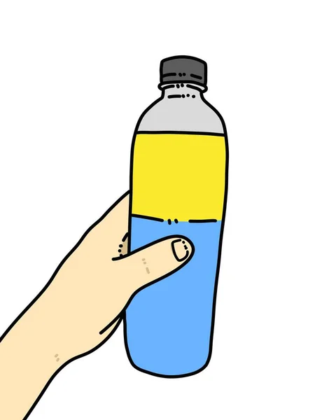 Hand Hält Wasserflasche Mit Flüssigkeitstropfen — Stockfoto