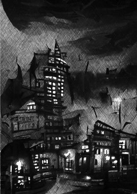 Şehirdeki eski şehrin siyah ve beyaz