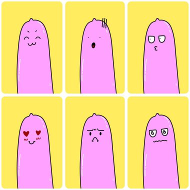 Bir dizi şirin prezervatif karikatürü.