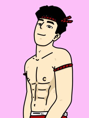 Pembe arka planda sevimli bir adam çizgi filmi.