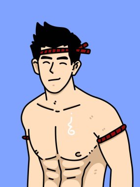 Mavi arka planda sevimli bir adam çizgi filmi