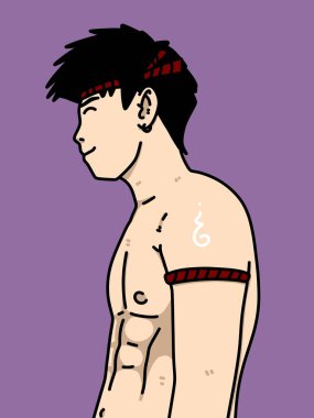 Mor arka planda sevimli bir adam çizgi filmi