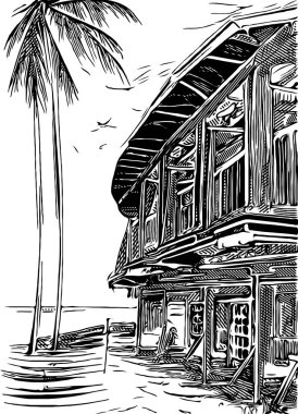 black and white of home near the beach