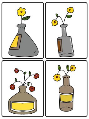 set of flower and bottle cartoon
