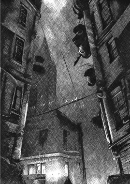 black and white of abandoned home in city