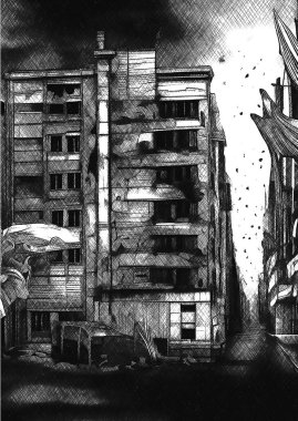 the city of the abandoned building in the style of the background